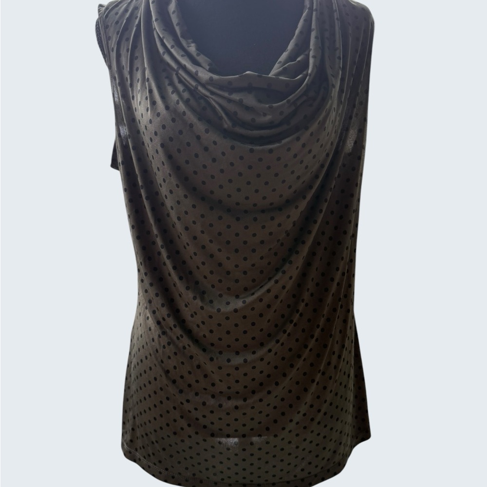 Worthington Olive Green with Black Polka Dot Cowl Neck Sleeveless Top